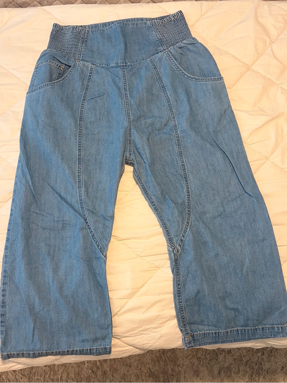 Free People Light Blue Harem Barrel Smocked Waist Denim Pants